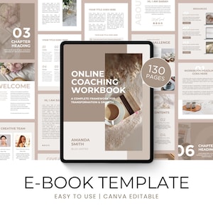 Op de afbeelding: Een digitale tablet met een online coaching werkboek sjabloon in een beige en bruin kleurenschema. De omslag bevat de tekst Online Coaching Workbook, A Complete Framework for Transformation & Growth, en Amanda Smith, Blog Writer, naast een cirkelvormige badge met de tekst 130 Pages. Meerdere lay-outs van binnenpagina's zijn zichtbaar op de achtergrond.