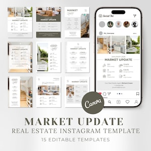 May include: A collection of 15 editable real estate Instagram templates. The templates feature a minimalist design with the words "Market Update" and various data points. A smartphone displays a sample template.