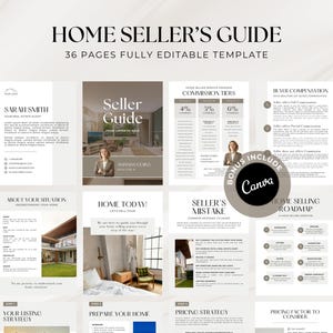 Peut inclure: Un modèle de guide pour vendeur de maison de 36 pages avec une palette de couleurs neutres, du texte blanc, beige et gris foncé. Le document comprend des sections sur les commissions, les étapes de vente et les stratégies, avec un logo Canva.