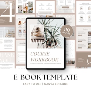 Puede incluir: Una plantilla de libro electrónico digital mostrada en una pantalla de tableta, con una portada que presenta una imagen de piedras apiladas y una planta verde. El texto dice Course Workbook, A Complete Framework for Transformation & Growth y 110 Pages. El fondo muestra múltiples diseños de página en una paleta de colores beige neutro.