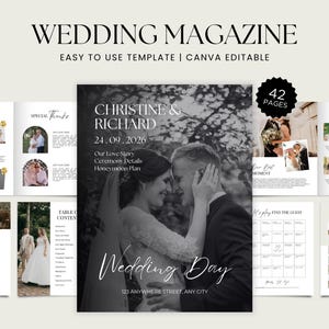 May include: A 42-page wedding magazine template featuring a black and white cover photo of a couple, with text including "Christine & Richard," "24.09.2026," and "Wedding Day." The layout includes interior pages with photo placeholders and text.