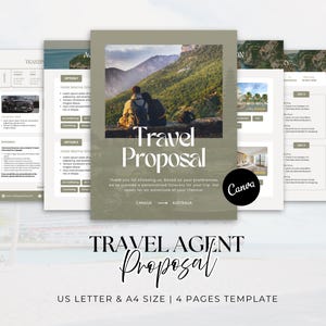 May include: A four-page travel proposal template in US Letter and A4 size, featuring an olive green cover with the text Travel Proposal, Canada to Australia, and a photo of two people overlooking mountains. Includes itinerary pages with text.