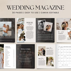 May include: A 30-page wedding magazine template featuring a black and white layout with photo placeholders, text sections titled "How We Meet," "Our Story," "Table of Contents," and "Find the Guest," designed for Canva editing and customization.
