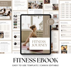 Könnte beinhalten: Eine digitale Fitness-E-Book-Vorlage auf einem Tablet-Bildschirm in Beige- und Weißtönen. Das Cover zeigt eine Person in einer Yoga-Pose mit dem Text Fitness Journey und The Complete Guide to Transform Your Body & Mind.