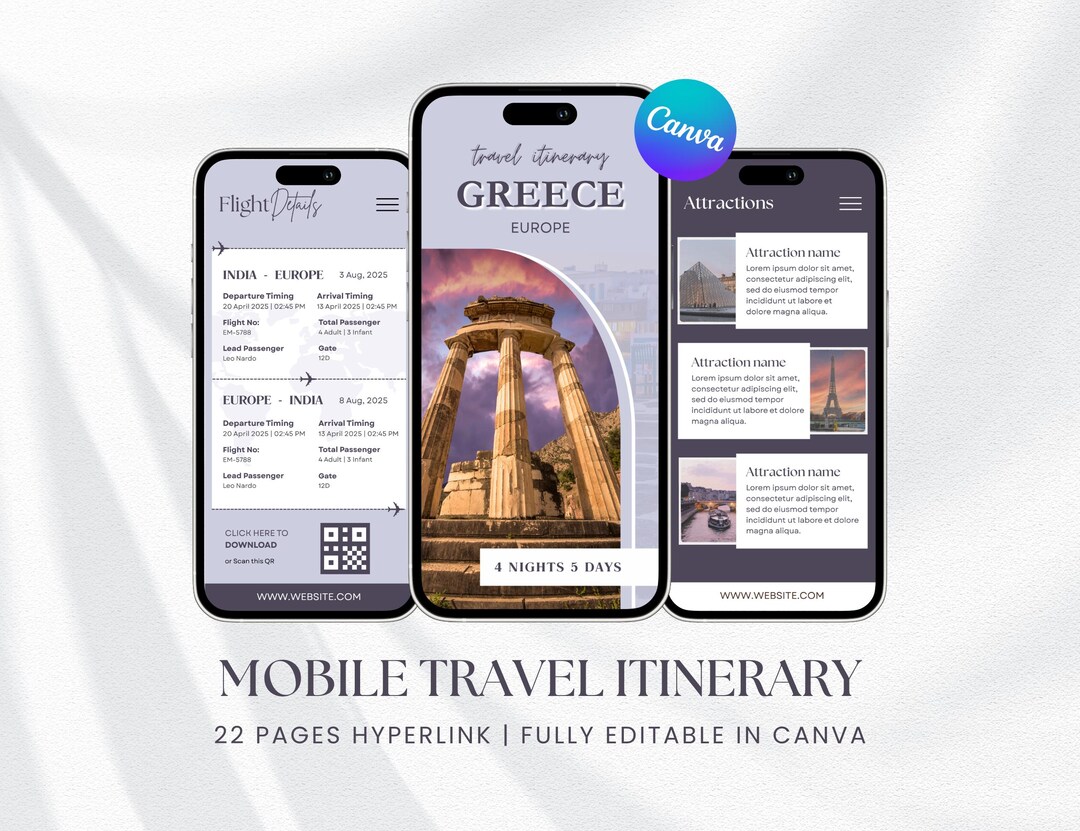 Mobile Travel Itinerary Template: Editable Canva Planner (PDF Download ...