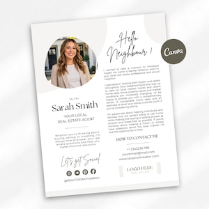 May include: A white real estate flyer featuring a circular portrait of a professional, the text Hello Neighbour, Sarah Smith Your Local Real Estate Agent, contact details, social media icons, and a placeholder for a company logo at the bottom.