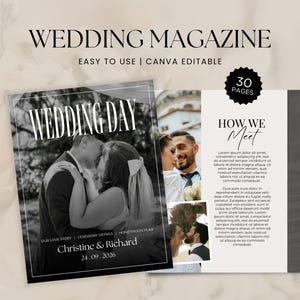 Op de afbeelding: Een digitaal trouwmagazine-sjabloon met een zwart-wit omslag met de tekst WEDDING DAY, Christine & Richard en 24.09.2026. De lay-out bevat binnenpagina's met de koppen HOW WE Meet en Our Story, met in totaal 30 pagina's.