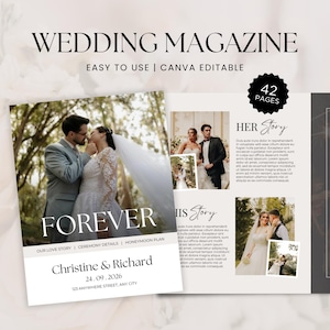 Modèle de magazine de mariage | Programme de mariage modifiable | Livret de mariage | Guide de réception | Plan de table | Menu | Récompenses pour la lune de miel et les invités