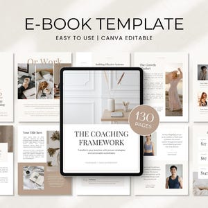 Może przedstawiać: Szablon e-booka wyświetlony na ekranie tabletu, z tytułem The Coaching Framework. Układ zawiera wiele stron z tekstem, fotografiami oraz okrągłą odznakę z napisem 130 pages. Projekt wykorzystuje neutralną paletę kolorystyczną.