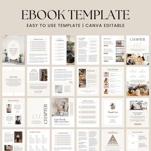 May include: An ebook template featuring multiple page layouts with beige backgrounds, serif typography, and placeholders for images and text. The design includes sections for chapters, content, resources, and checklists, all fully editable in Canva.