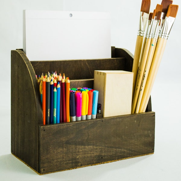 Wooden Desktop Art Supplies Box Office Mail and Magazine Rack Rustic Home Office Decor Distressed Kitchen Utensil Organizer Sewing Kit Box