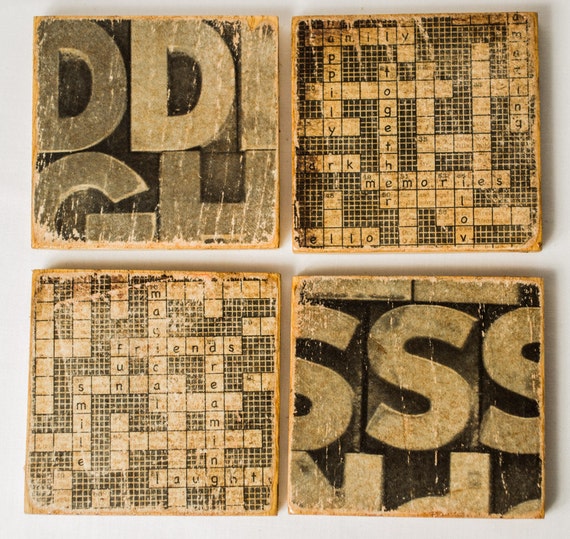 Crossword Puzzle Coasters Wooden Drink Holders Vintage Decoration Antique Board Game Word Rustic H