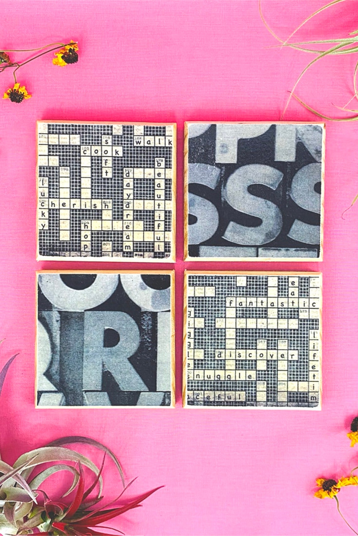 Crossword Puzzle Coasters Wooden Drink Holders Vintage Puzzle Etsy