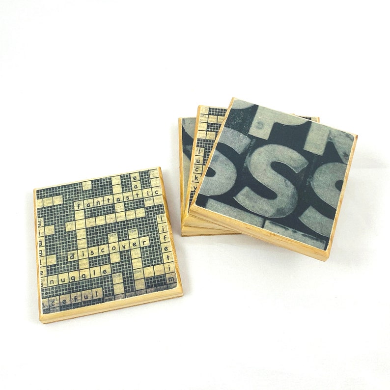 Crossword Puzzle Coasters Wooden Drink Holders Vintage Puzzle Etsy