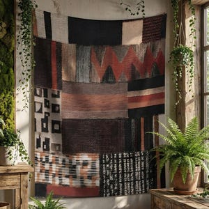 May include: A large, rectangular tapestry with a patchwork design. The tapestry features various textures and colours, including black, brown, beige, and red. Geometric and linear patterns are incorporated throughout the design. The tapestry is hanging on a wall, creating a focal point in the room.