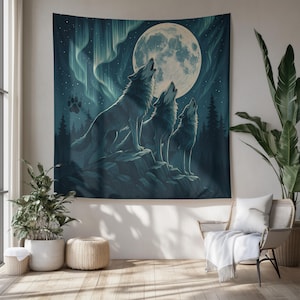 Wolf Moon Tapestry, Mystical Wall Hanging with Three Wolves Howling at Full Moon, Northern Lights & Pine Forest, Spiritual Nature Room Decor