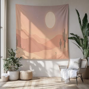 Boho Desert Sunset Tapestry, Minimalist Cactus & Sun Wall Hanging in Warm Earth Tones, Southwestern Retro Room Decor, Gift for Her