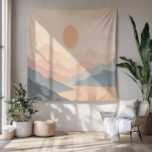 Boho Mountain Sunset Tapestry, Minimalist Sun & Abstract Landscape Wall Hanging in Pastel Earth Tones, Retro Room Decor, Gift Idea