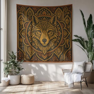 Boho Wolf Tapestry, Tribal Mandala Wall Hanging with Mystical Wolf Head, Geometric Patterns & Ornamental Design, Spiritual Nature Room Decor