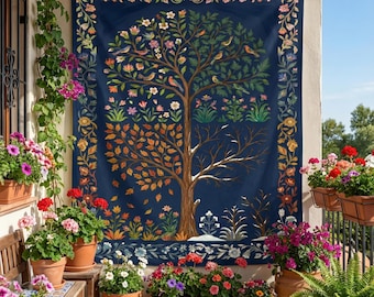 Tapiz del árbol de la vida de las cuatro estaciones, arte popular azul marino para colgar en la pared
