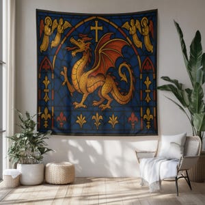 Tapisserie de dragon gothique en vitrail, cadeau médiéval-fantastique pour les fans du MDN et de RPG, décoration murale Dark Academia pour salle de jeux, tenture murale du MDN