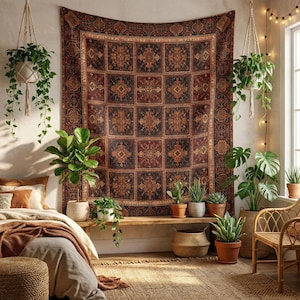 May include: A bedroom scene featuring a large, ornate tapestry in shades of burgundy, brown, and gold. The room is decorated with various potted plants, a wooden bench, and a woven rug, creating a cozy, bohemian atmosphere.