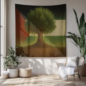 Free Palestine Tapestry, Olive Tree Wall Hanging with Palestinian Flag, Cultural Heritage Symbol of Resistance & Peace Home Decor