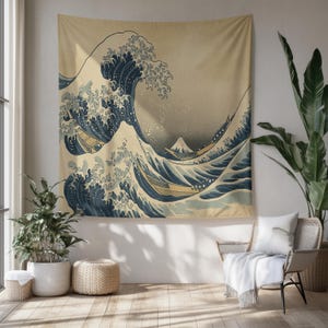 Great Wave Off Kanagawa-tapijt, Japanse op Hokusai geïnspireerde muur met oceaangolven, boten en berg Fuji, klassieke Aziatische kunstkamerdecoratie
