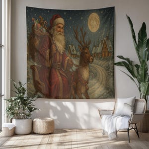 Vintage Santa Claus Tapestry, Classic Christmas Wall Hanging with Sleigh, Reindeer, Full Moon & Snowy Village, Cozy Holiday Room Decor