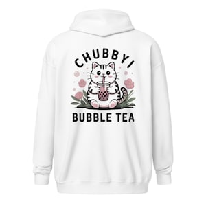 Unisex Zip Hoodie Cute Boba Cat Sweatshirt Kawaii Zipper Jacket Cozy Hoodie With Pockets Gift For Her Soft Aesthetic Hoodie For Cat Lovers