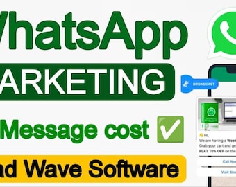 May include: An advertisement for WhatsApp marketing, with the text "WhatsApp MARKETING" in green. It highlights "0 Message cost" and "Lead Wave Software." A smartphone shows a promotional message with a call to action, and a WhatsApp logo.