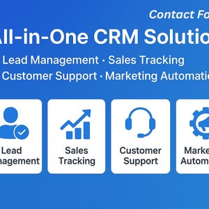 May include: A blue graphic advertising an All-in-One CRM Solution. The image features icons and text for Lead Management, Sales Tracking, Customer Support, and Marketing Automation. The words "Contact For Demo" are at the top.
