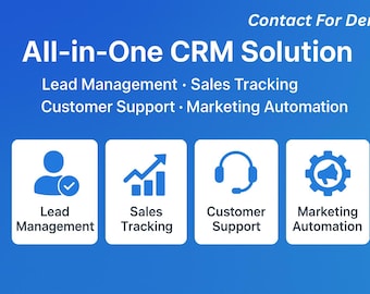 Peut inclure: Visuel bleu annonçant une solution CRM tout-en-un. L'image comprend des icônes et du texte pour la gestion des prospects, le suivi des ventes, le support client et l'automatisation du marketing. Le texte "Contact For Demo" est en haut.
