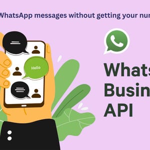 Peut inclure: Illustration d'une main tenant un smartphone avec des bulles de discussion. Le téléphone affiche un message "Hello". L'image promeut l'API WhatsApp Business, avec le texte "Envoyez des messages WhatsApp en masse sans être bloqué."