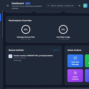 Puede incluir: Interfaz de panel de control azul oscuro con una barra lateral blanca y azul. El panel muestra métricas de rendimiento, actividad reciente y botones de acción rápida para la automatización de WhatsApp. Se incluye el texto "Dashboard" y "Lead Wave".