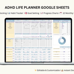 Puede incluir: Una computadora portátil muestra una plantilla de Google Sheets para un planificador de vida para TDAH. La pantalla muestra una hoja de cálculo detallada con secciones para el bloqueo de tiempo, el seguimiento de hábitos y los gráficos de progreso. El texto "ADHD LIFE PLANNER GOOGLE SHEETS" está en la parte superior.
