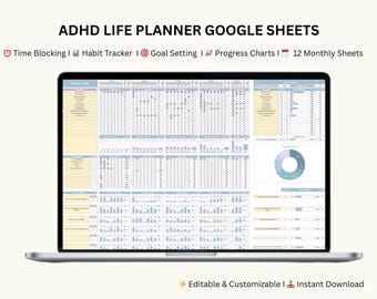 Może przedstawiać: Laptop wyświetla szablon Arkuszy Google dla planera życia ADHD. Ekran pokazuje szczegółowy arkusz kalkulacyjny z sekcjami do blokowania czasu, śledzenia nawyków i wykresów postępu. Tekst "ADHD LIFE PLANNER GOOGLE SHEETS" znajduje się na górze.