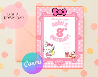 Invito di compleanno a tema gattina modificabile, modello per festa di compleanno a tema gattina rosa (download digitale)