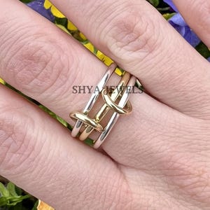 14K yellow gold plated middle band & jump multi band ring, woman 3 set connector band ring jewelry