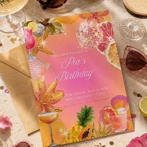 Birthday Invitation Canva Template | Editable Summer Disco Party Card | Tropical Cocktail Midnight Sun | Digital Download