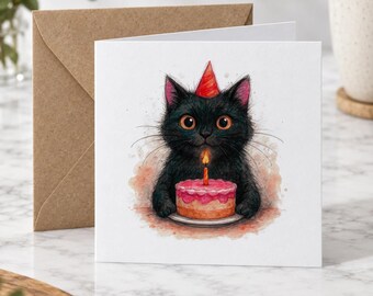 0095 - Black Cat Birthday Card with Red Hat and Cake