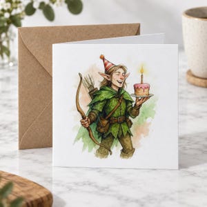 0046 - Elf Archer Birthday Card, Fantasy Adventurer with Cake
