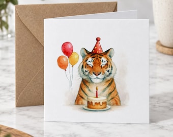 0093 - Tiger Birthday Card with Cake and Balloons