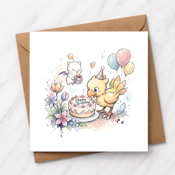 Fantasy Chocobo-verjaardagskaart, aquarel gamerkunst, grillige groet (6 x 6 inch)