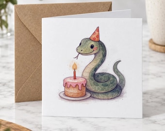 0015 - Snake Birthday Card with Party Hat and Cake