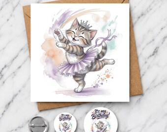 Ballerina Kitten Birthday Card, Watercolour