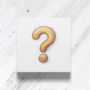 Könnte beinhalten: Eine skurrile Illustration eines Fragezeichens mit einem lächelnden Gesicht am unteren Rand. Das Fragezeichen hat eine warme, goldene Farbe mit strukturiertem Aussehen, und das Gesicht ist eine kleine, runde Form mit fröhlichem Ausdruck.