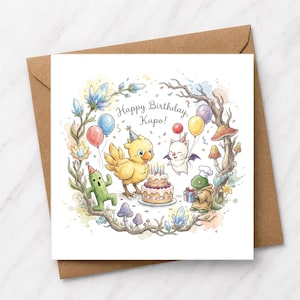 May include: A square greeting card featuring a watercolour illustration of a yellow bird, a white creature with wings, a green cactus-like figure, and a turtle-like character around a birthday cake. The text reads Happy Birthday, Kupo!.