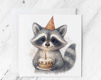 Raccoon Birthday Card | Woodland Animal Watercolour Illustration