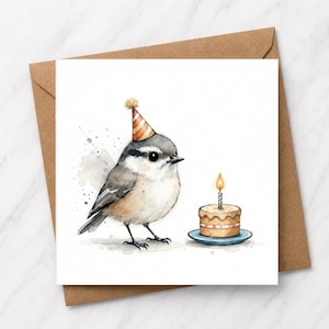 May include: A square greeting card featuring a watercolor illustration of a small gray and white bird wearing an orange and white striped party hat. Next to the bird is a small round cake on a blue plate with a single lit candle on top.